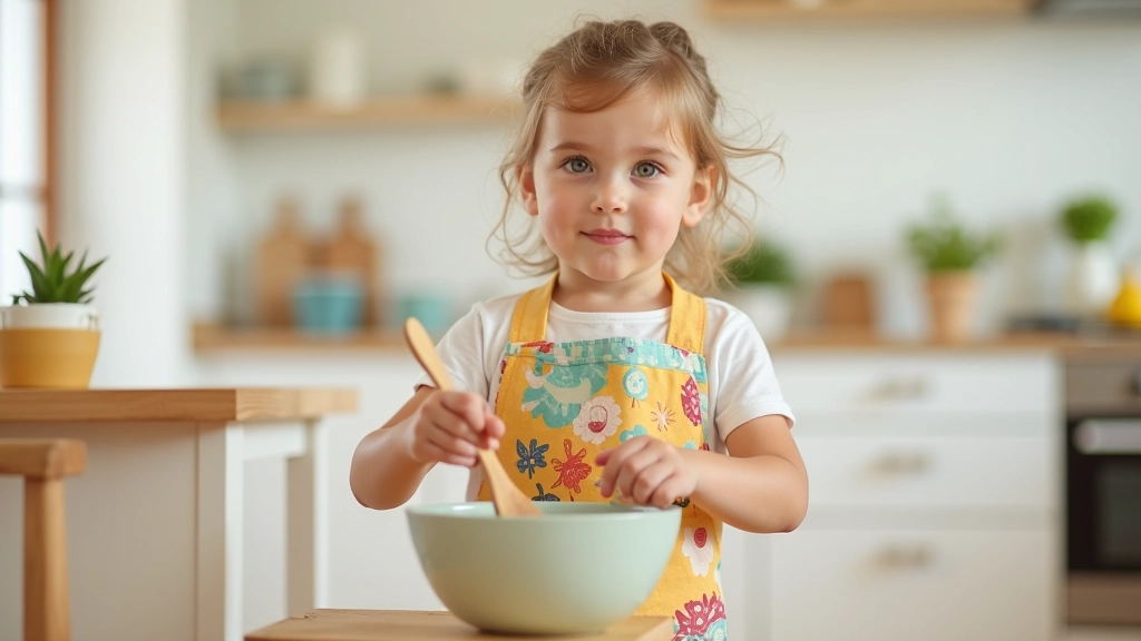 Criança pequena de 4 anos num banco na cozinha, mexendo numa tigela com colher de madeira, focada