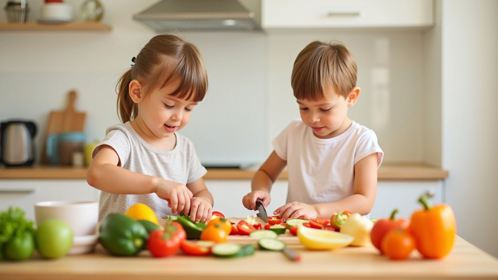 Criancas envolvidas na preparacao de alimentos, cortando vegetais e misturando ingredientes, cozinha limpa e luminosa