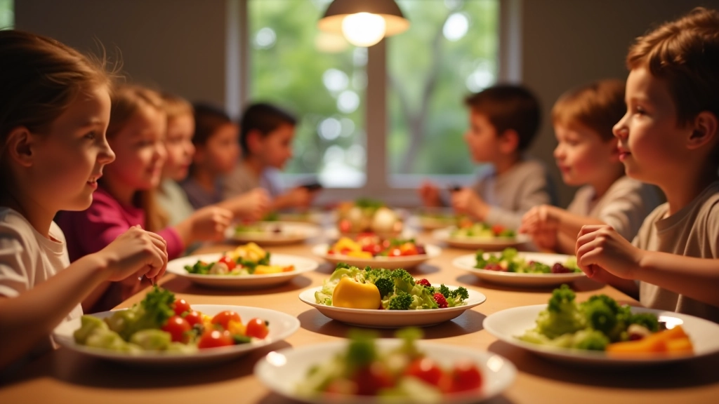 Mesa familiar com diferentes pratos coloridos e crianças comendo juntas