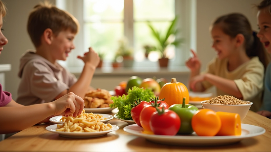 Mesa de refeição familiar com variedade de alimentos coloridos, pratos em louça rústica, luz natural da janela