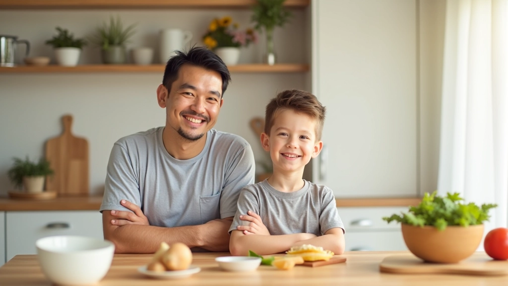 Pai e filho a preparar ingredientes frescos na cozinha com vegetais e frutas coloridas na mesa
