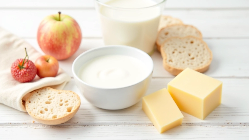 Diferentes componentes de uma lancheira equilibrada: proteína, hidratos, fruta e água
