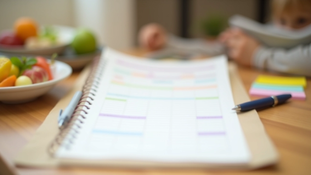 Calendário de planeamento de refeições semanais em cima de mesa de cozinha com notas coloridas e caneta