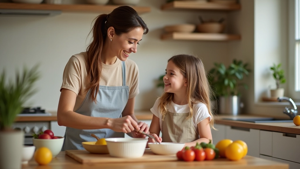 Mãe e criança pequena cozinhando juntas na cozinha moderna, rindo enquanto mexem ingredientes numa tigela