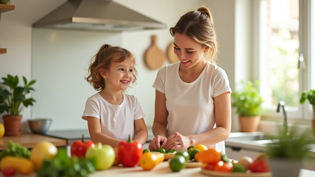 Mãe e filho pequeno na cozinha a preparar legumes juntos, ambiente caloroso e educativo