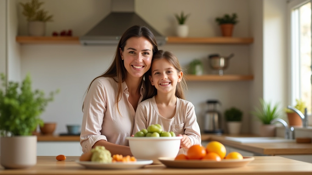 Mãe e filha na cozinha sorrindo enquanto preparam um prato colorido e equilibrado