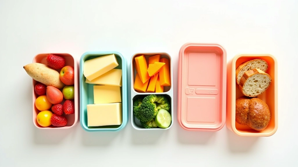 Lancheiras organizadas com diferentes tipos de alimentos em contentores reutilizáveis