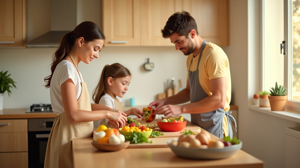 Família portuguesa na cozinha, pais e criancas preparando refeição saudável juntos, ambiente aconchego doméstico