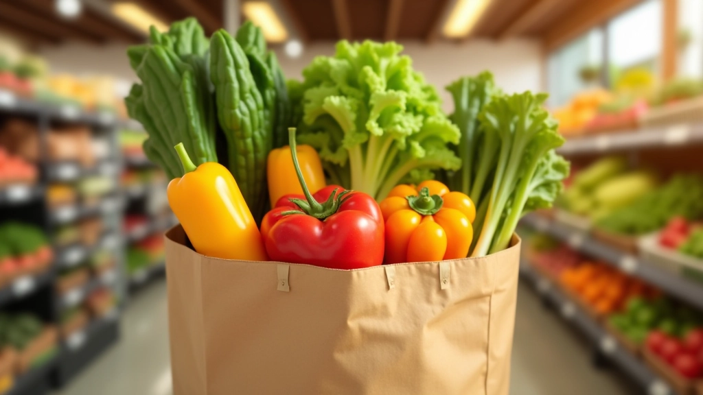 Saco de compras cheio com vegetais frescos e alimentos saudáveis num mercado ou supermercado iluminado