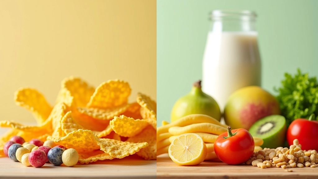 Lancheira com alimentos ultraprocessados contrastando com lancheira saudável