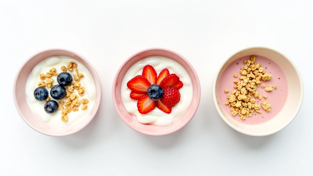Três tigelas coloridas com iogurte e diferentes toppings de fruta e granola numa mesa branca