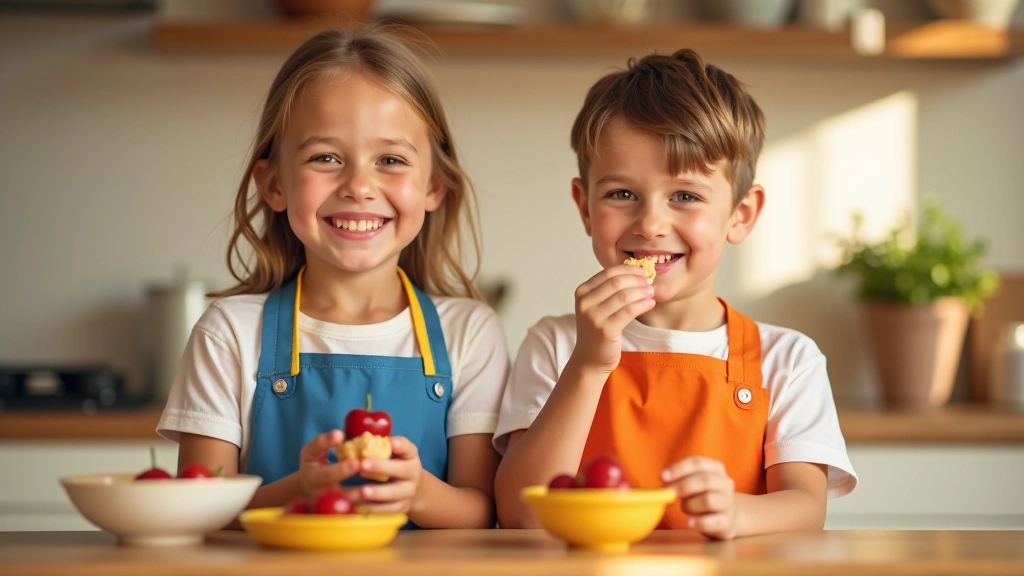 Duas crianças de diferentes idades na cozinha, felizes, a provar um bolo que acabaram de fazer juntas