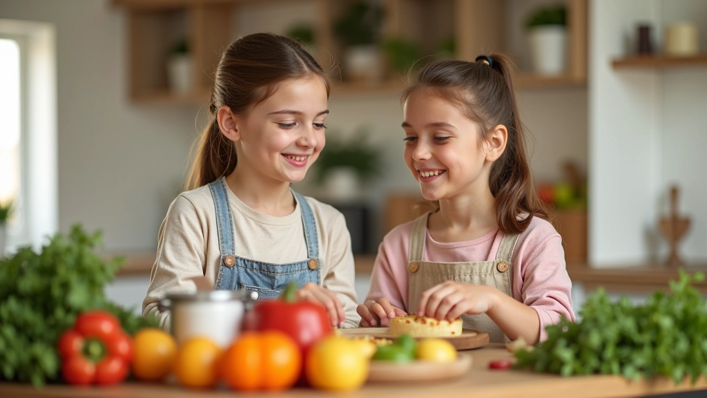 Mãe e filha na cozinha preparando refeição juntas, sorrindo