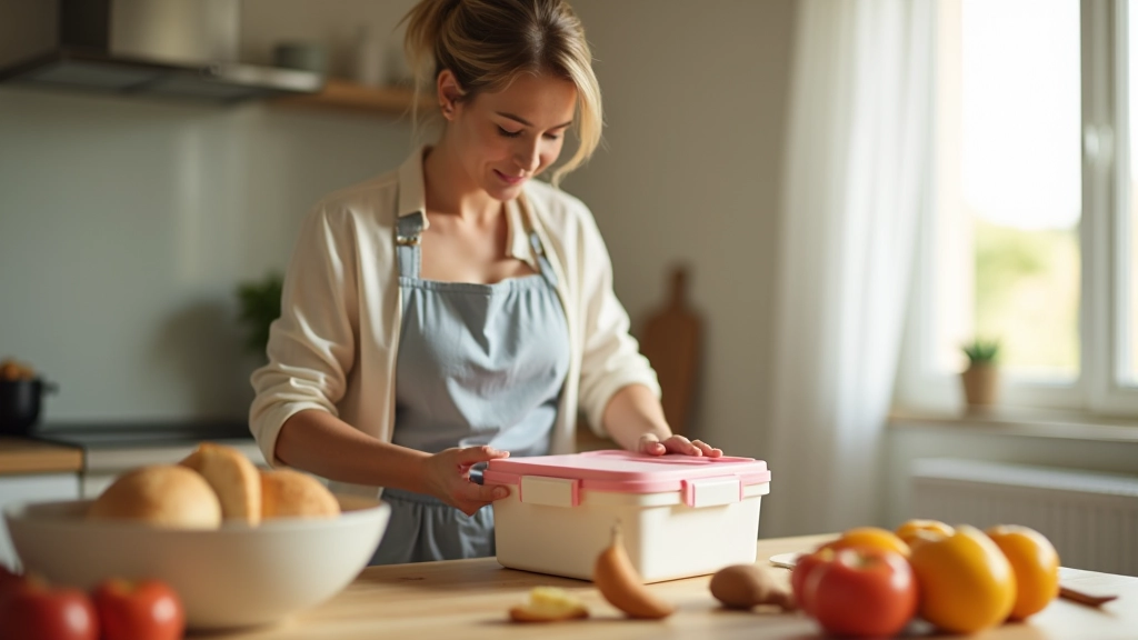 Mãe a preparar lancheira escolar saudável na cozinha pela manhã