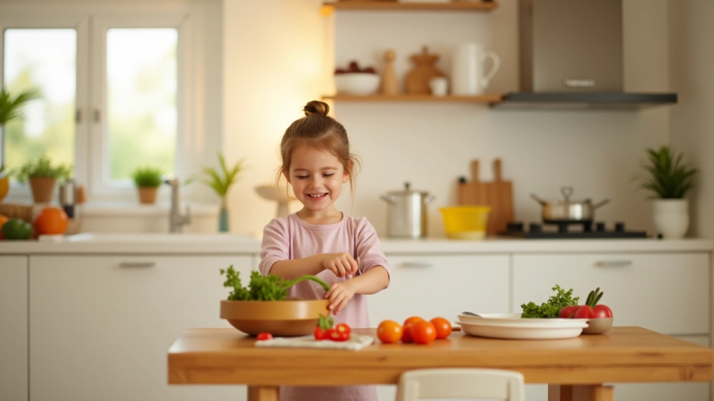 Criança pequena em pé num banquinho de cozinha, ajudando a preparar salada, com utensílios apropriados